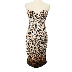 Nicole Miller Silk Dress Leopard Strapless Bustier Midi Sexy Size 8